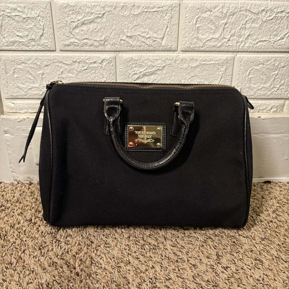 Victoria's Secret Black Canvas Satchel Handbag Pink Lining